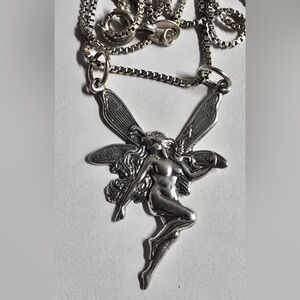 Sterling Silver Art Nouveau Fairy Pendant With 24in Box Chain Necklace
